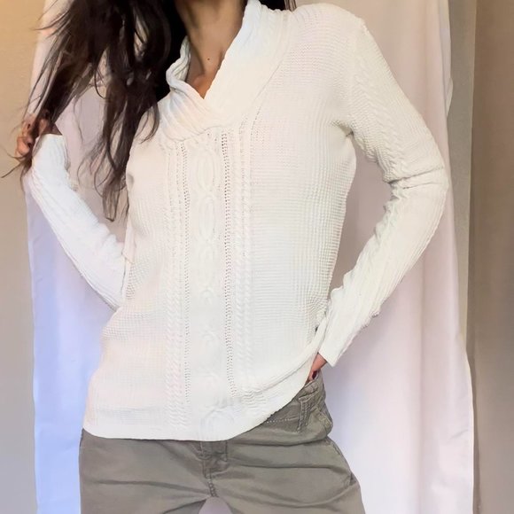 Nautica Cable-knit Cream Cotton Shawl Collar Fisherman Sweater - Picture 4 of 4